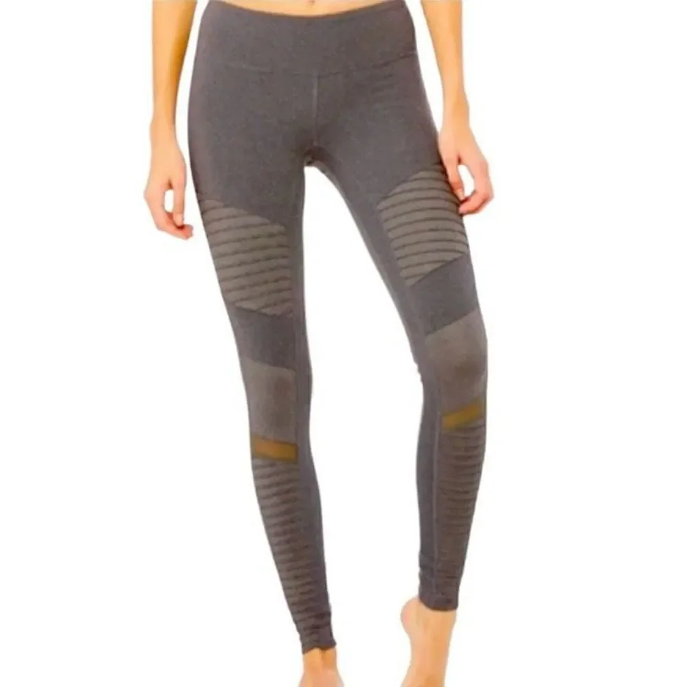Alo Yoga Women Pants Moto Layered Mesh‎ Matte Stretch Leggings Gray XS